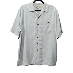 Porcini Men's 100% Silk Short Sleeve Textured Button Up Collar Blue Shirt
